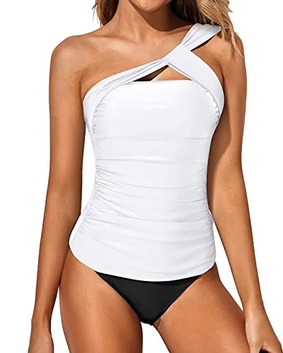 Women's Tankini One Shoulder Top & Slim Fit Shorts-White